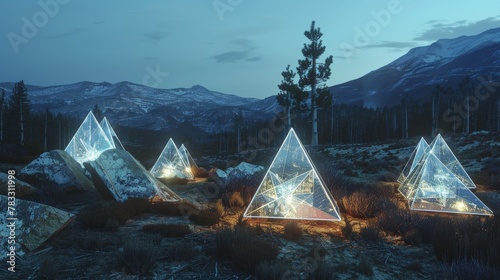 Luminous tetrahedrons shimmering in the distance AI generated illustration photo