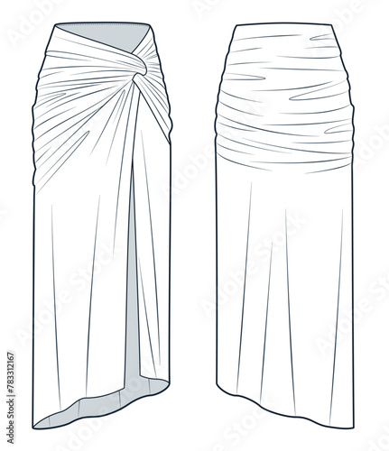 Draped Skirt technical fashion illustration. Maxi Skirt fashion flat technical drawing template, asymmetric, front slit, slim fit, front and back view, white, women Skirt CAD mockup.