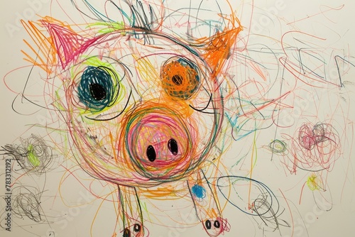 The hand drawing colourful picture of the pig that has been drawn by the colored pencil  crayon or chalk on the white blank background that seem to be drawn by the child that willing to draw. AIGX01.