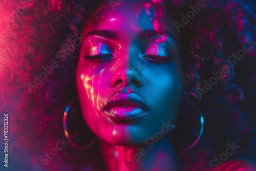 Close-up portrait of a beautiful young girl in neon color  shooting for a fashion magazine