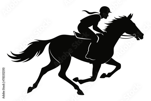 Jockey riding a running horse black silhouette  an white background