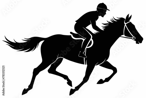 Jockey riding a running horse black silhouette an white background
