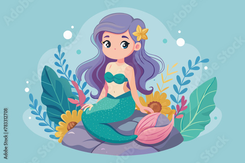 Cute beautiful mermaid sitting smiling on a rock in a floral frame with waves on an abstract background