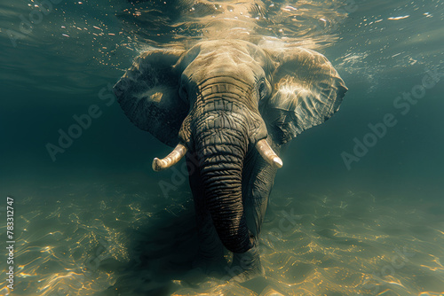 Elephant swimming in the deep blue water in the lagoon