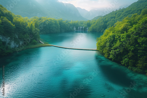 beautiful landscape with wooden bridge across a lake on a tourist route in natural park. View from above.