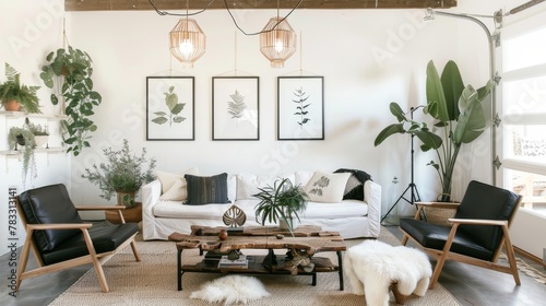 Elegant Scandinavian Living Space with Reclaimed Wood Coffee Table.