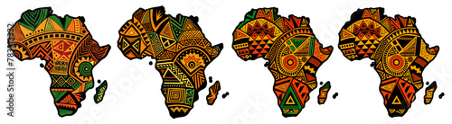 Continent Africa, abstract silhouette set of african map with geometric ethnic pattern and tribal traditional ornament. Stylized map of africa embellished with tribal patterns on neutral background