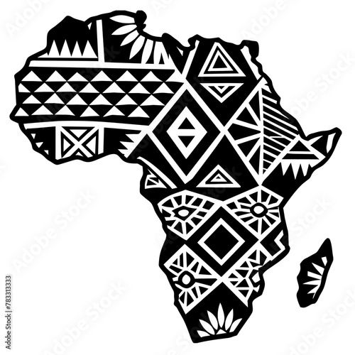 Continent Africa, abstract silhouette of african map with geometric ethnic pattern and tribal ornament. Striking black and white illustration of africa map adorned with traditional patterns
