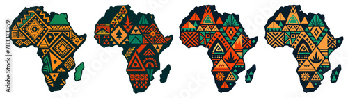 Continent Africa, abstract silhouette set of african map with geometric ethnic pattern and tribal traditional ornament