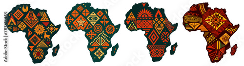Continent Africa, abstract silhouette set of african map with geometric ethnic pattern and tribal traditional ornament. Artistic rendition of africa's map adorned with vibrant, ethnic patterns