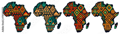 Continent Africa, abstract silhouette set of african map with geometric ethnic pattern and tribal traditional ornament. Stylized african continent map with traditional patterns on orange background