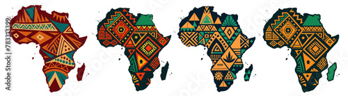 Continent Africa, abstract silhouette set of african map with geometric ethnic pattern and tribal traditional ornament. Illustrated map of africa adorned with traditional patterns on background