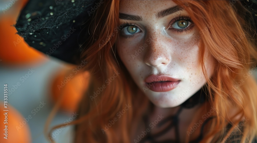 Obraz premium A Halloween witch in a dark tapered witch's hat with long red hair and holiday makeup. Beauty gothic girl with a carved pumpkin in Party Celebrating All Saints' Day art design
