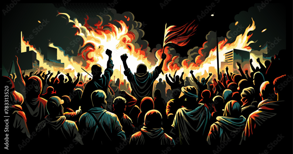 Vibrant and fiery night protest scene with animated characters and empowering protest signs showing determination and unity for freedom fight and political revolution Vibrant and fiery night protest scene with animated characters and empowering protest signs showing determination and unity for freedom fight and political revolution