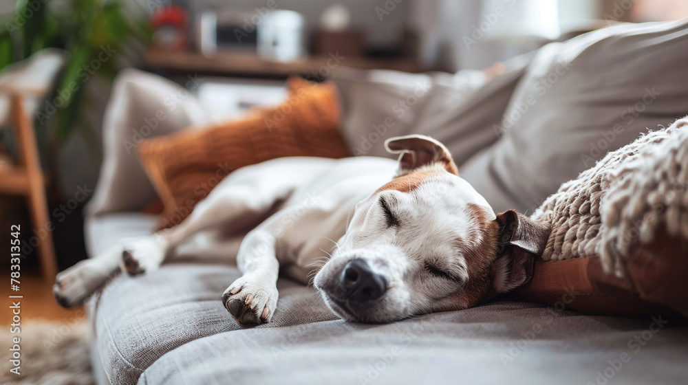 Adorable mixed breed dog relaxing on sofa. AI. - obrazy, fototapety, plakaty 
