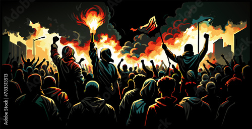 Vibrant and fiery night protest scene with animated characters and empowering protest signs showing determination and unity for freedom fight and political revolution