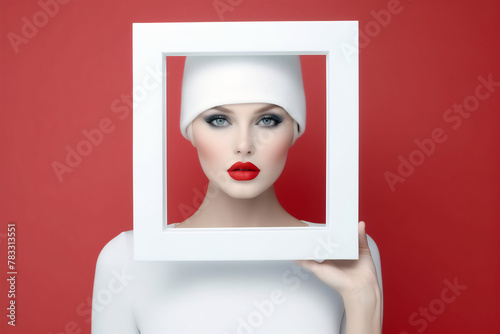 Beautiful woman with red lips and red makeup holding a frame. Fashion model. White red color palette