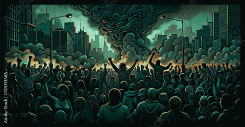 Illustration of a passionate crowd protesting under a smoky twilight sky, symbolizing a fight for rights