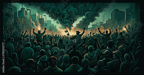Illustration of a passionate crowd during a twilight protest, fighting for freedom amidst urban turmoil photo
