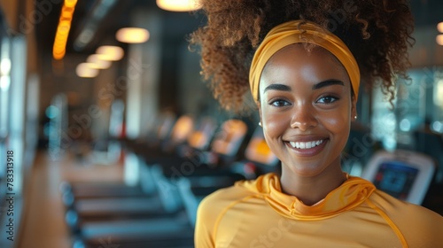 A happy African American athlete runs on a treadmill while training for sports in a gym