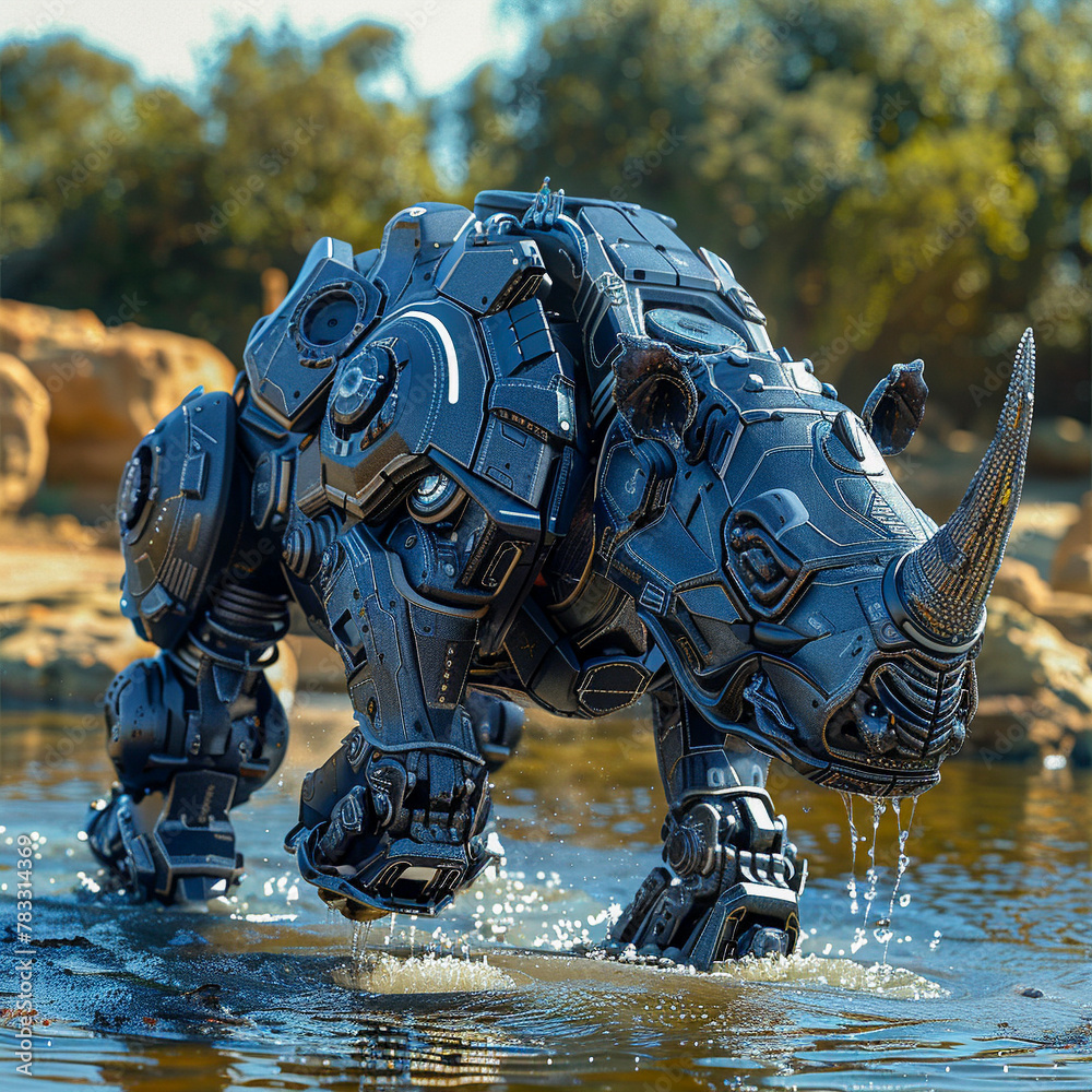 A black metal rhinoceros robot walks through a river A black metal rhinoceros robot walks through a river