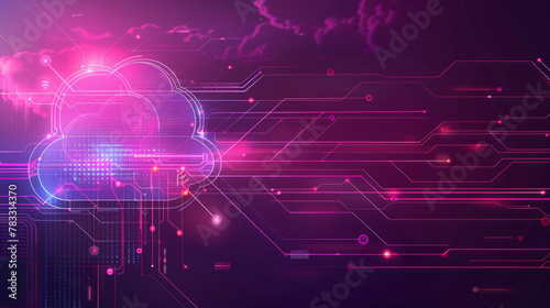 Abstract tech background with cloud symbol and circuit lines in vibrant purples