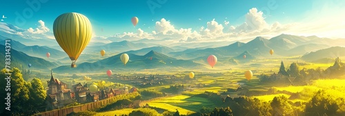 Top view of green landscape and mountain valleys and town and colorful balloons flying in the sky, banner illustration