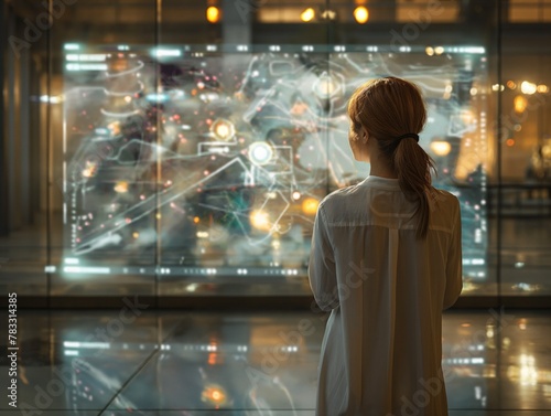 A woman is looking at a computer screen with a futuristic city view. Concept of wonder and curiosity as the woman gazes at the digital landscape