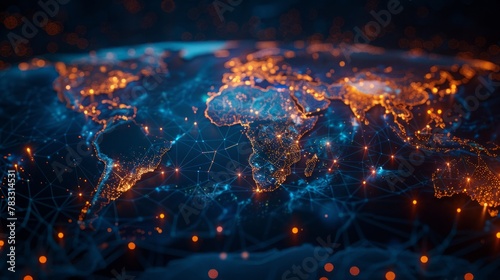 Glowing world map on dark background. Globalization concept. Communications network map of the world. Technological futuristic background. World connectivity and global networking concept #783314531