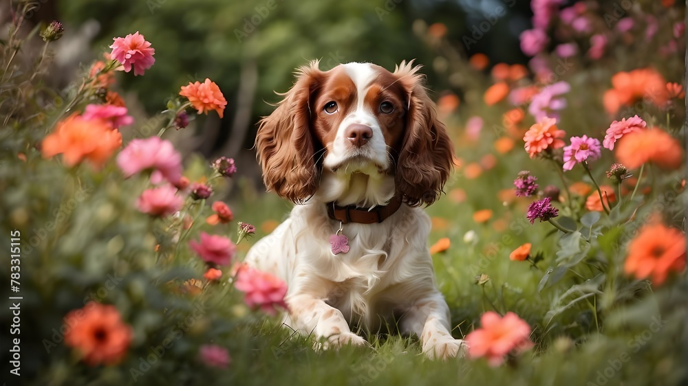 spaniel between the flowers on the grass spaniel between the flowers on the grass