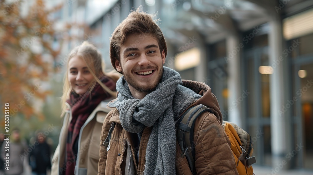Fototapeta premium Happy university student and his female friend walking after the lecture at campus.