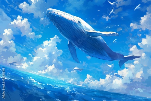 Illustration of a swimming whale in a clear clear blue sky among the clouds