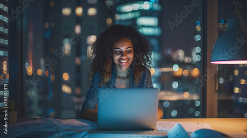 A woman sits in front of a laptop computer, working diligently into the night. photo