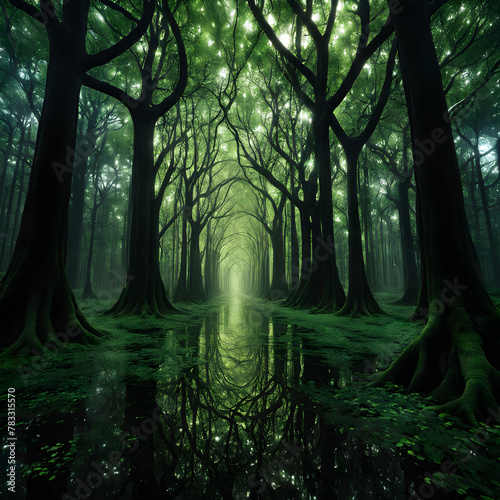 Mystical Forest Pathway  Serenity Amidst the Enchanted Trees and Mirror Waters