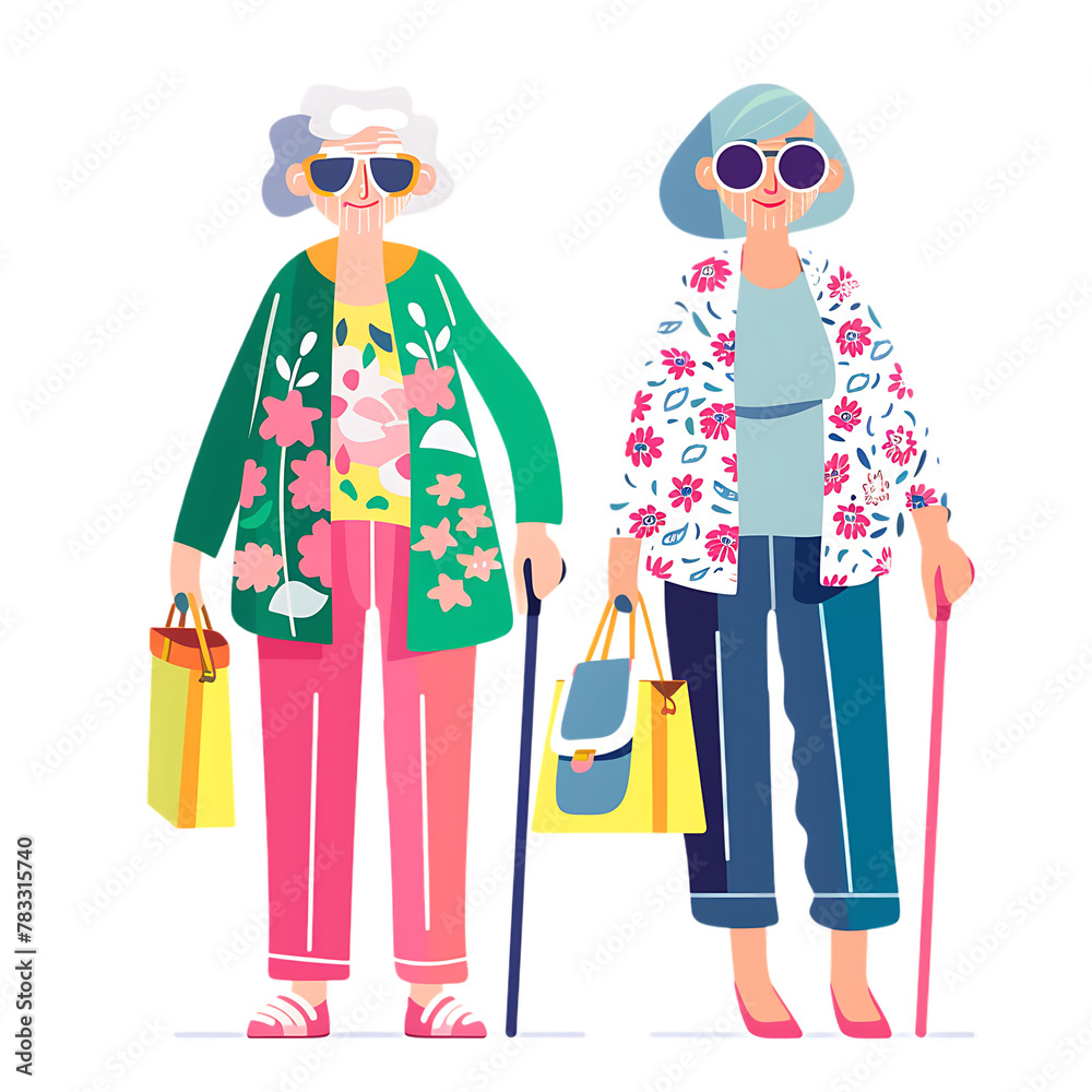 Two elderly women with walking sticks dressed in fashionable and sunglasses, shopping bags in their hand against a pure white background