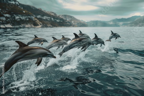 A flock of dolphins frolicking in the ocean waves jumps above the surface of the water