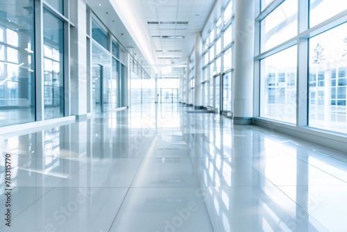 Bright corridor with glass windows and reflective floor
