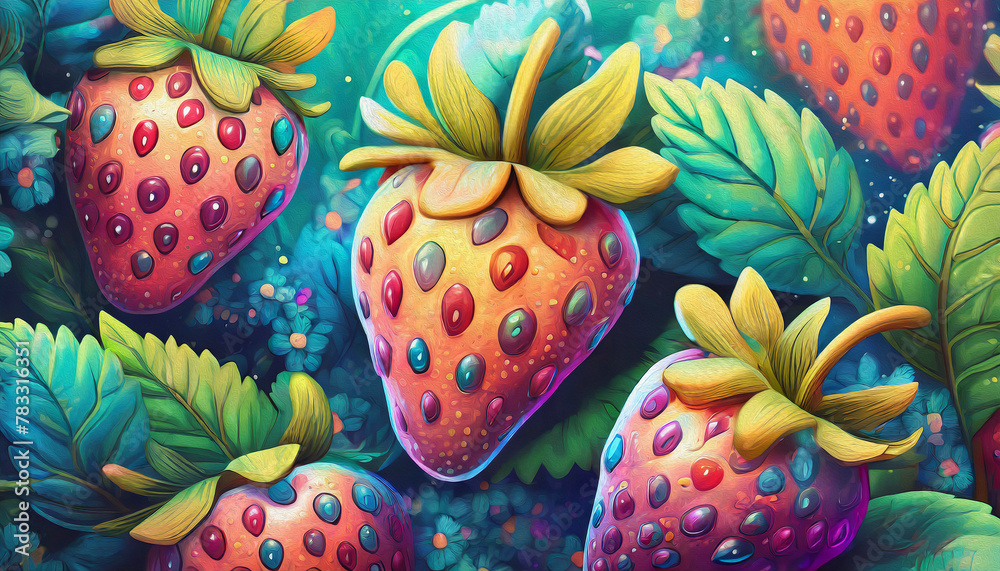 oil painting style cartoon character Organic fresh red strawberries, 