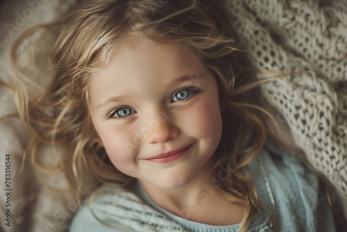 Intimate Portrait of a Smiling Child with Blue Eyes