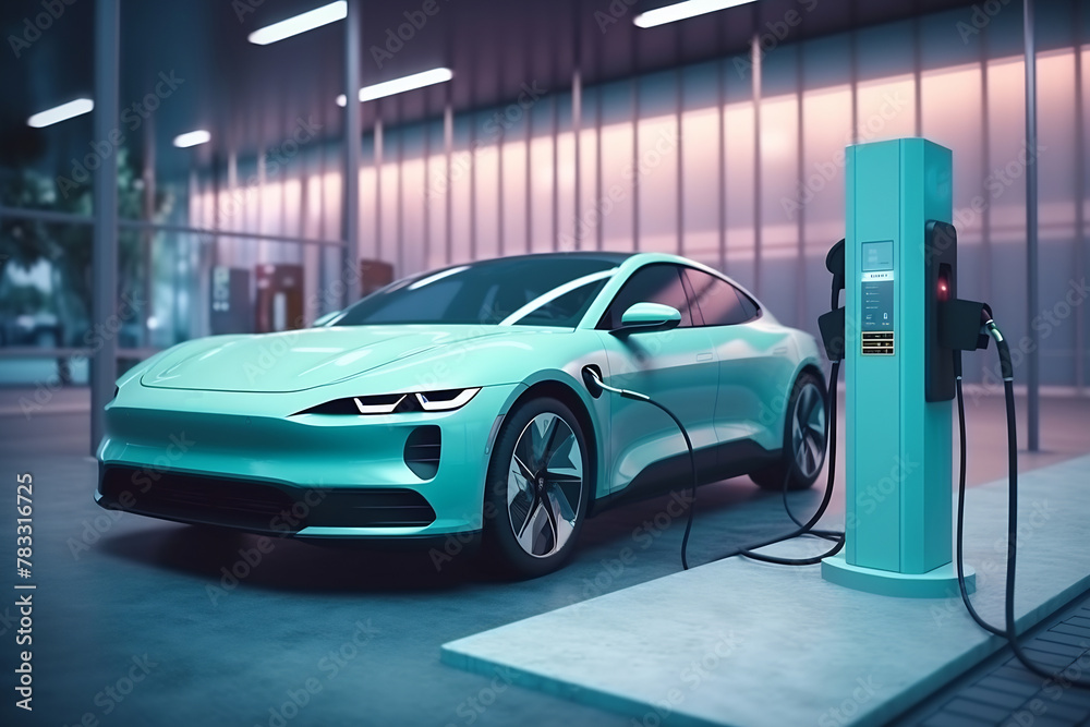 Obraz premium An electric vehicle or EV car at a charging station with the power cable supply plugged. Eco-friendly sustainable energy concept