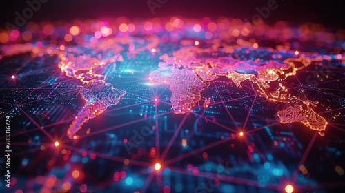 Glowing world map on dark background. Globalization concept. Communications network map of the world. Technological futuristic background. World connectivity and global networking concept #783316724