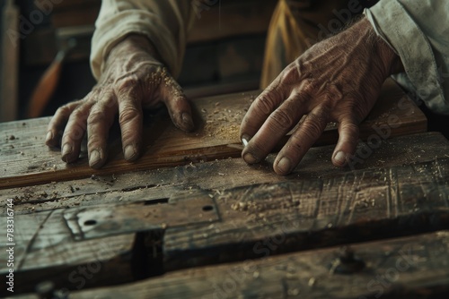 Artisan hands working wood in a rustic setting, craftsmanship and detailed work highlighted by soft natural lighting.