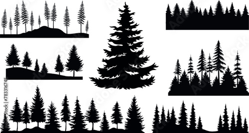 Silhouette of tree forest. Pine forest. woodland trees set Logotype great set collection clip art Silhouette , Black vector illustration on white background. photo