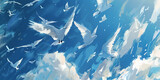 white birds fly in the blue sky