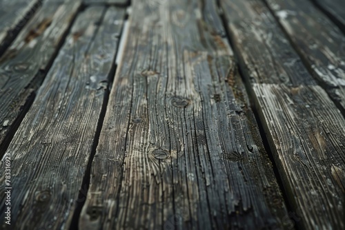 Close-up of aged wooden floorboards with a weathered texture, capturing the essence of time with every knot and grain detail.