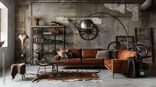 Modern Industrial Living Room with Leather Sectional Sofa AI Generated. photo