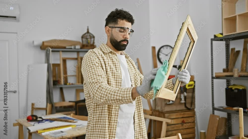 Bearded man cleaning picture frame in a woodworking workshop wearing safety goggles. Bearded man cleaning picture frame in a woodworking workshop wearing safety goggles.