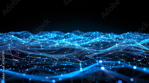 Futuristic abstract digital network waves technology background with glowing blue lines and intricate connectivity pattern for modern high-tech design concept in a virtual landscape