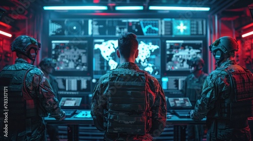 Army war analysis officers monitor the coordination of military teams. Digitally equipped military commanders with virtual operational forces photo
