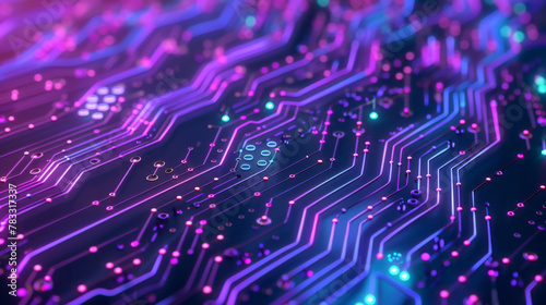 Abstract tech background featuring a detailed circuit board with neon light paths